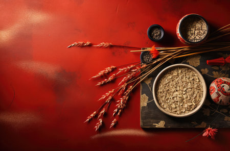 Chinese new year, red background with Wheat and sorghumの素材