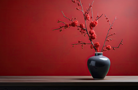Vase and some traditional Chinese plum blossom on a red backgroundの素材