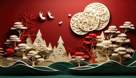 Abstract artistic background with flowers, trees, bird, moon and housesの素材