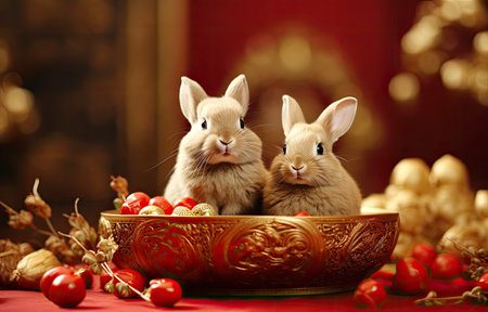 Chinese new year red ornament wallpaper with rabbitの素材