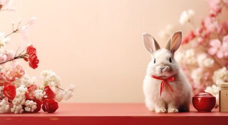 rabbit and flowers on Chinese new year backgroundの素材