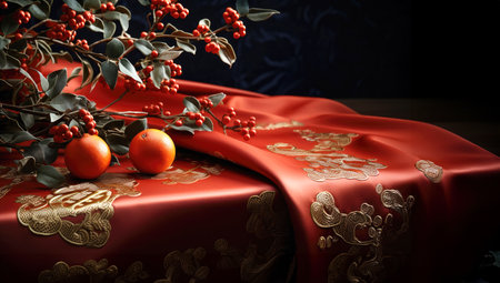Chinese new year red ornament wallpaper with red silk clothingの素材