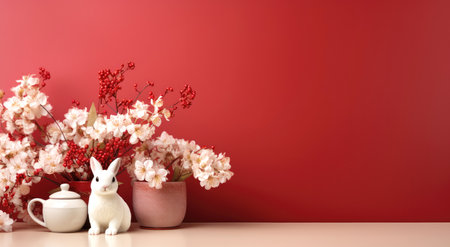 rabbit and flowers on Chinese new year red backgroundの素材