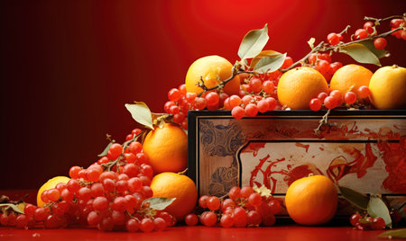 Chinese new year red ornament wallpaper with oranges fruitsの素材