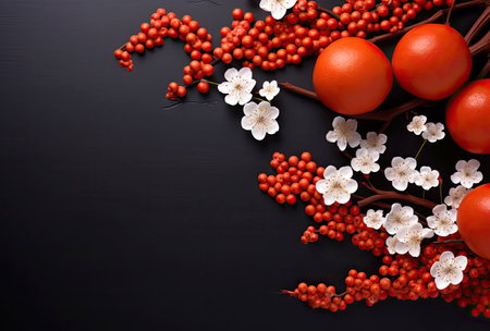 Chinese new year red ornament wallpaper with oranges fruits and flowersの素材
