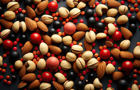 Pile of nuts on dark backgroundの素材