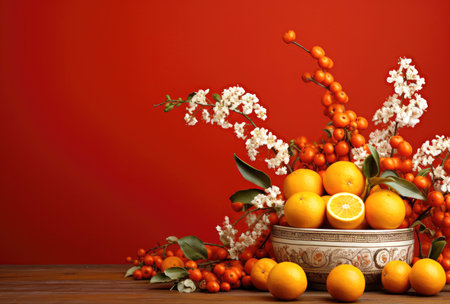 Chinese new year red ornament wallpaper with oranges fruits and flowersの素材