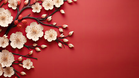 Red background with flowers and Chinese elementsの素材