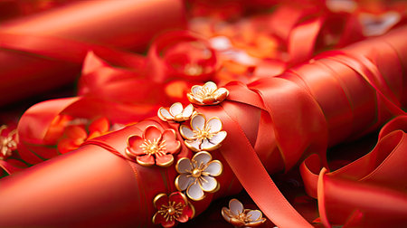 Red cloth embroidered with flowersの素材