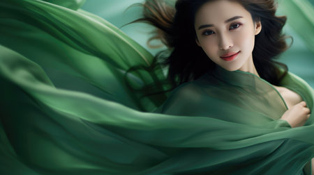 Chinese fashion girl wear flowing silk skirts and flowing green silk ribbonsの素材