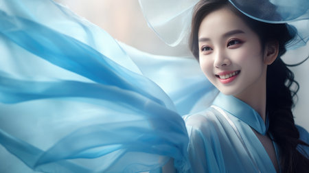 Chinese fashion girl wear flowing silk skirts and flowing red silk ribbonsの素材