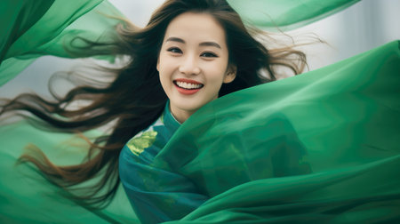 Chinese fashion girl wear flowing silk skirts and flowing green silk ribbonsの素材