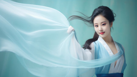 Chinese fashion girl wear flowing silk skirts and flowing red silk ribbonsの素材