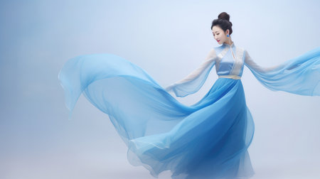 Chinese fashion girl wear flowing silk skirts and flowing red silk ribbonsの素材