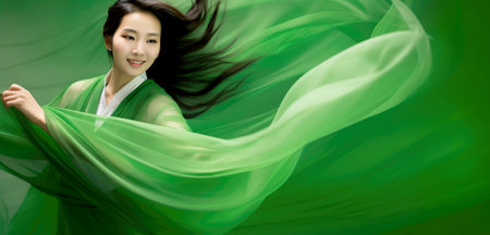 Chinese fashion girl wear flowing silk skirts and flowing green silk ribbonsの素材