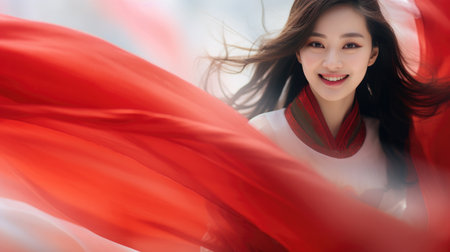 Chinese fashion girl wear flowing silk skirts and flowing red silk ribbonsの素材