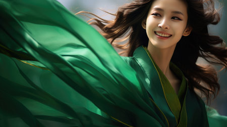 Chinese fashion girl wear flowing silk skirts and flowing green silk ribbonsの素材