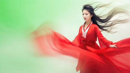 Chinese fashion girl wear flowing silk skirts and flowing red silk ribbonsの素材