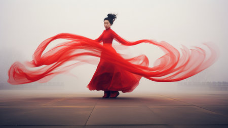 Chinese fashion girl wear flowing silk skirts and flowing red silk ribbonsの素材