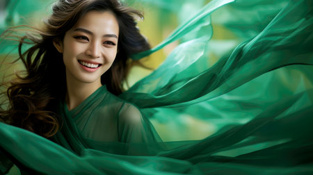 Chinese fashion girl wear flowing silk skirts and flowing green silk ribbonsの素材