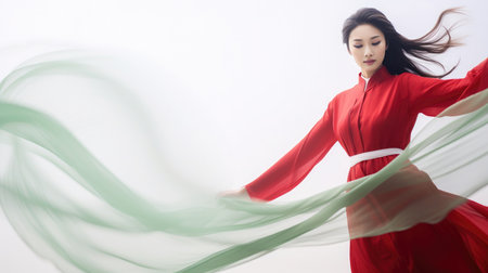 Chinese fashion girl wear flowing silk skirts and flowing red silk ribbonsの素材