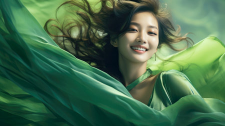 Chinese fashion girl wear flowing silk skirts and flowing green silk ribbonsの素材