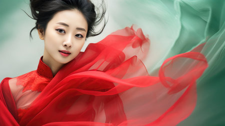Chinese fashion girl wear flowing silk skirts and flowing red silk ribbonsの素材