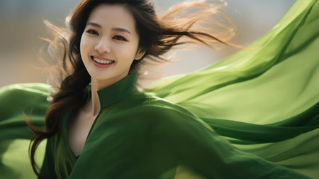 Chinese fashion girl wear flowing silk skirts and flowing green silk ribbonsの素材
