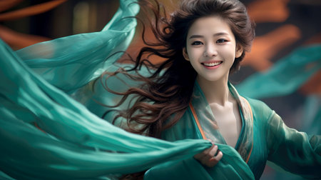 Chinese fashion girl wear flowing silk skirts and flowing green silk ribbonsの素材