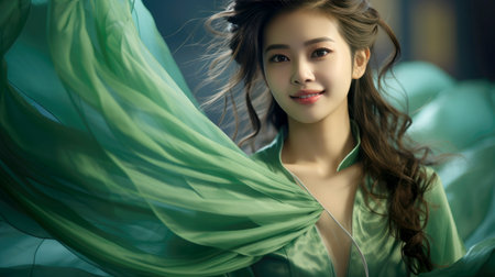 Chinese fashion girl wear flowing silk skirts and flowing green silk ribbonsの素材