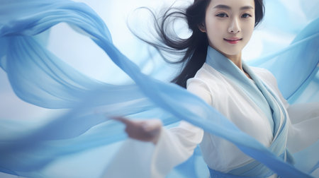 Chinese fashion girl wear flowing silk skirts and flowing red silk ribbonsの素材