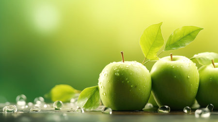 Green apple with water droplets on green blur backgroundの素材