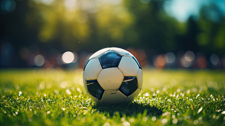 Soccer football on the grass ground in the sport field, outsideの素材
