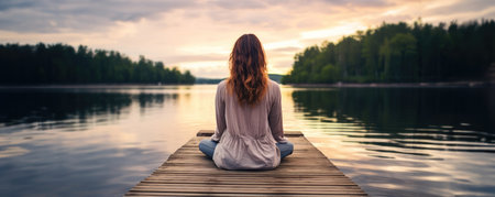 female doing yoga on the wooden bridge in the lakeの素材