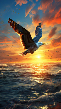 Sunset and seabirds on rough sea, painting styleの素材