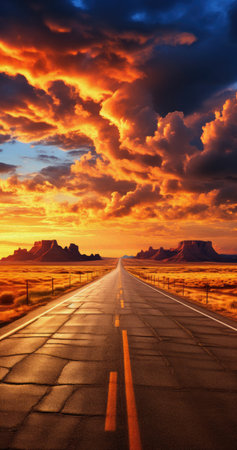 West desert world straight asphalt road and sunsetの素材