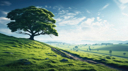 endless green meadow, there is one big treesの素材