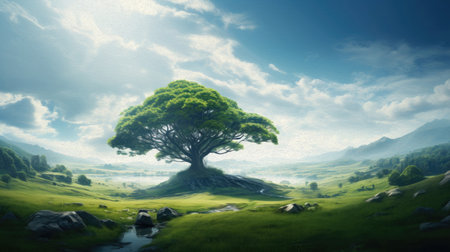 endless green meadow, there is one big treesの素材