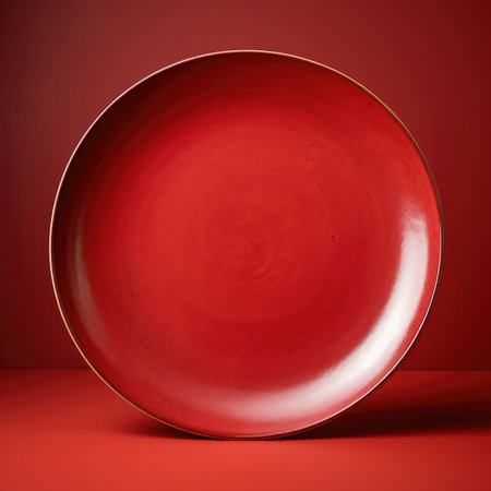 red earthenware plate on a red backgroundの素材
