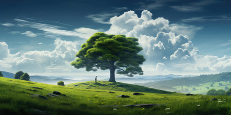 endless green meadow, there is one big treesの素材