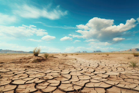 a desert of cracked earth against a blue skyの素材