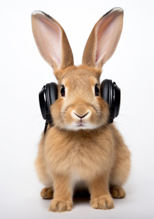 Excited Rabbit wearing headset looking straight at the cameraの素材