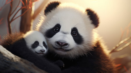 Cute panda with baby looking straight at the cameraの素材