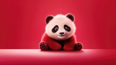 Cute panda baby looking straight at the camera in red backgroundの素材