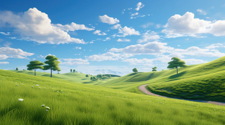 a green grass field with trees, beautiful landscapesの素材