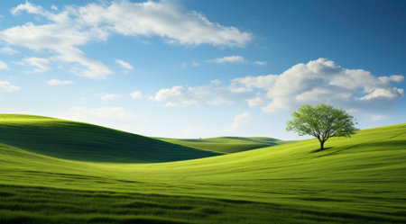a green grass field with a tree, beautiful landscapesの素材