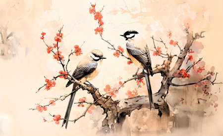 Chinese painting with bird, simple backgroundの素材