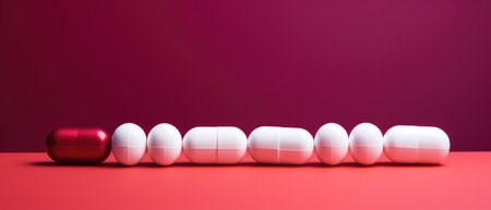 a group of several pills on a red background,の素材