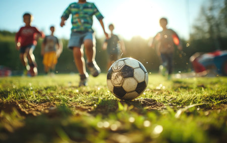 kids kicking soccer balls on a green fieldの素材