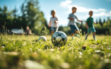 kids kicking soccer balls on a green fieldの素材
